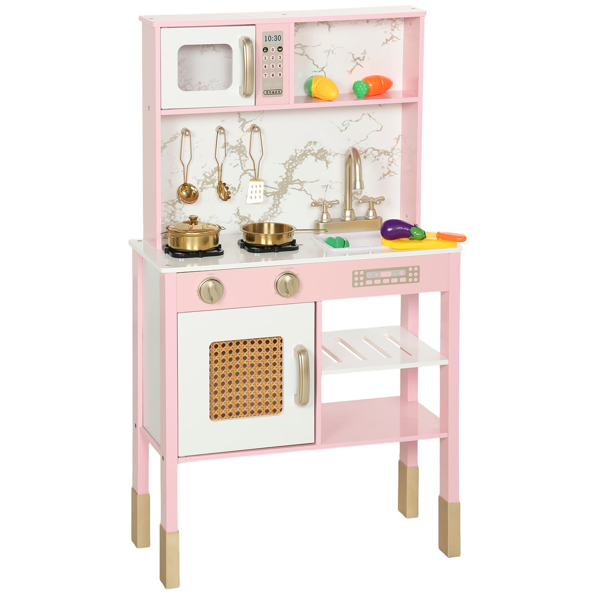 Cozinha de Brincar em Madeira com Som Cozinha Infantil com Acessórios em Aço Inoxidável Micro-Ondas Forno Lava-Loiças Legumes para Cortar para Crianças a Partir de 3 Anos 55x24x96 cm Rosa — foto 1