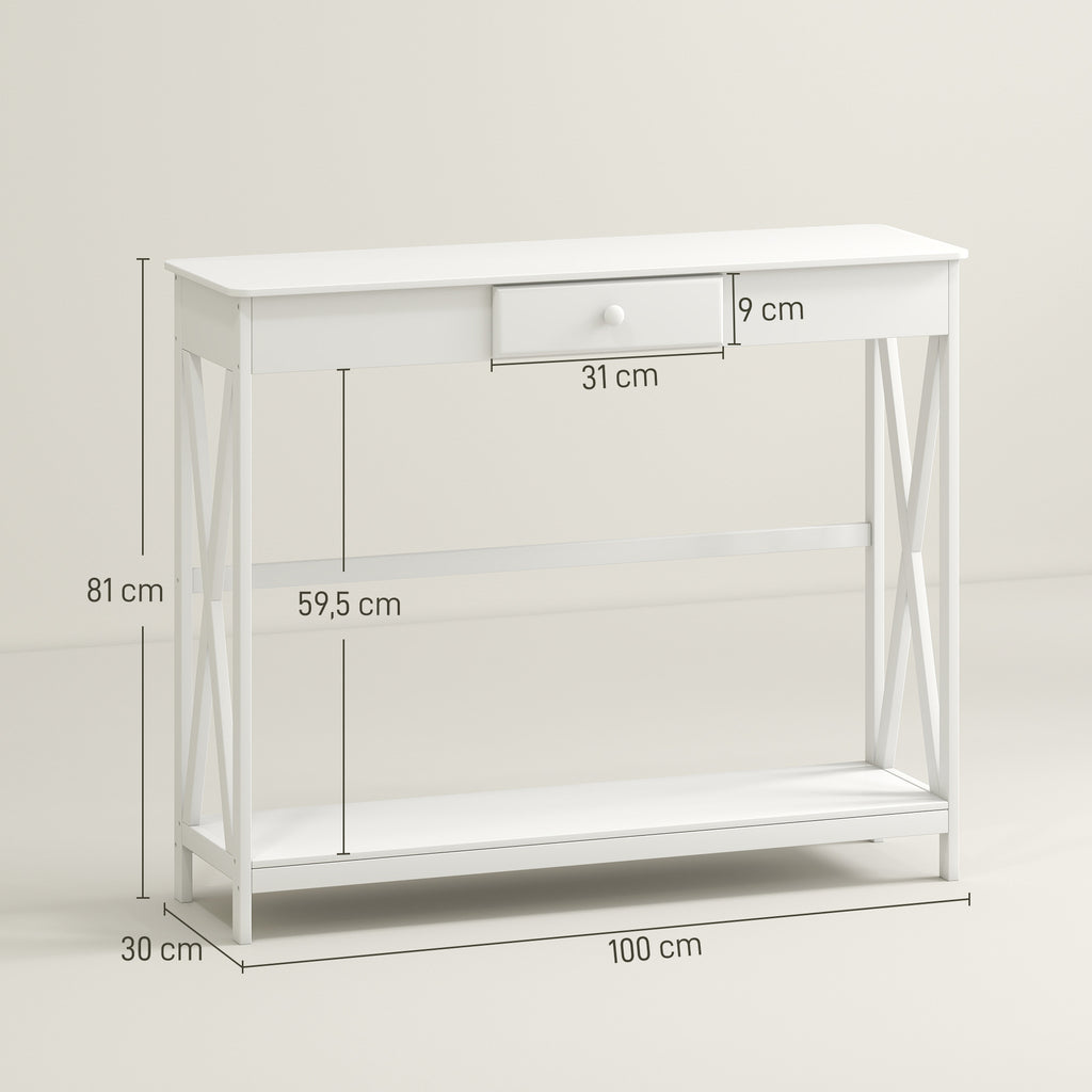 Mesa Consola Clássica com 1 Gaveta e 1 Prateleira de Armazenamento para a Entrada Mesa Auxiliar Sala de Estar Estilo Elegante 100x30x81cm Branco — foto 3