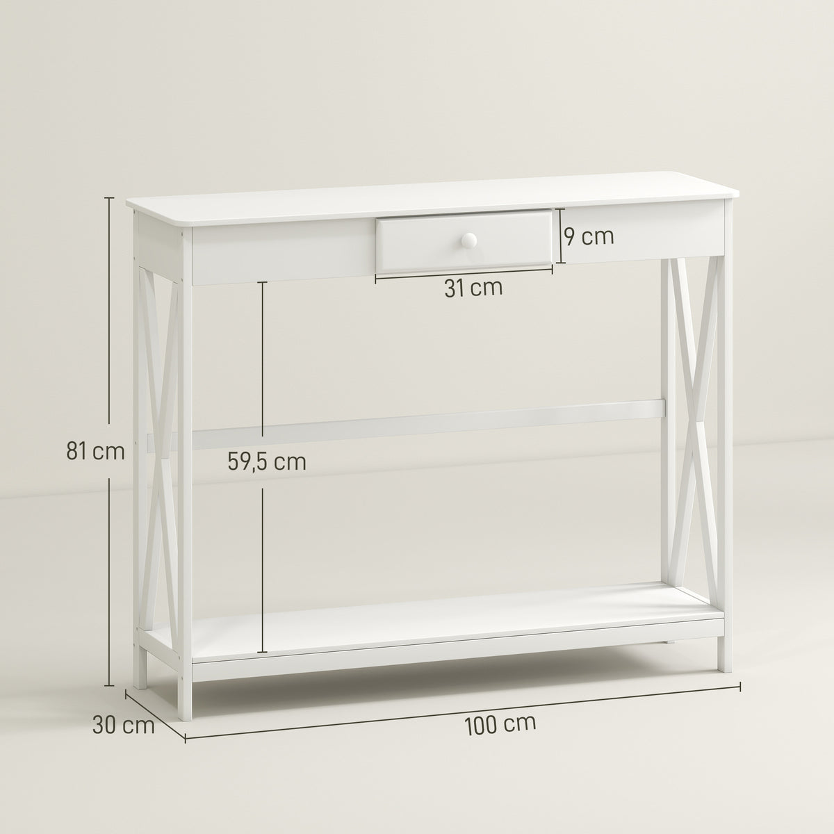 Mesa Consola Clássica com 1 Gaveta e 1 Prateleira de Armazenamento para a Entrada Mesa Auxiliar Sala de Estar Estilo Elegante 100x30x81cm Branco — foto 3
