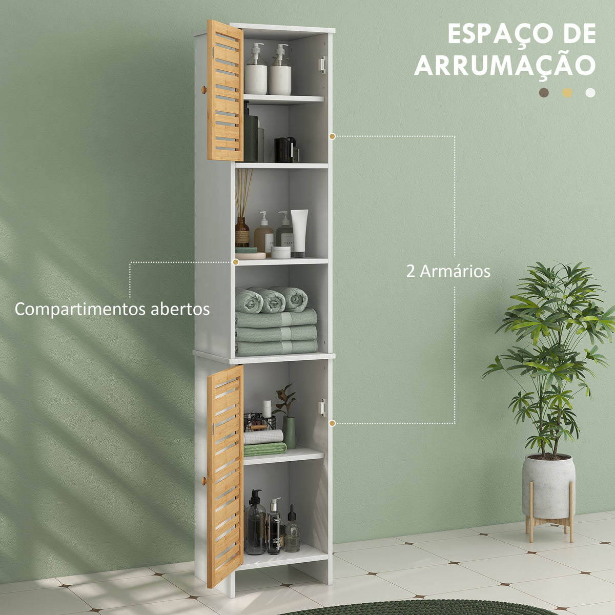 Coluna Casa de Banho Moderna Móvel Auxiliar Casa de Banho Armário Casa de Banho com Prateleiras Ajustáveis e Portas de Bambu Anti-Tombo 35x30x170 cm Branco e Madeira — foto 4