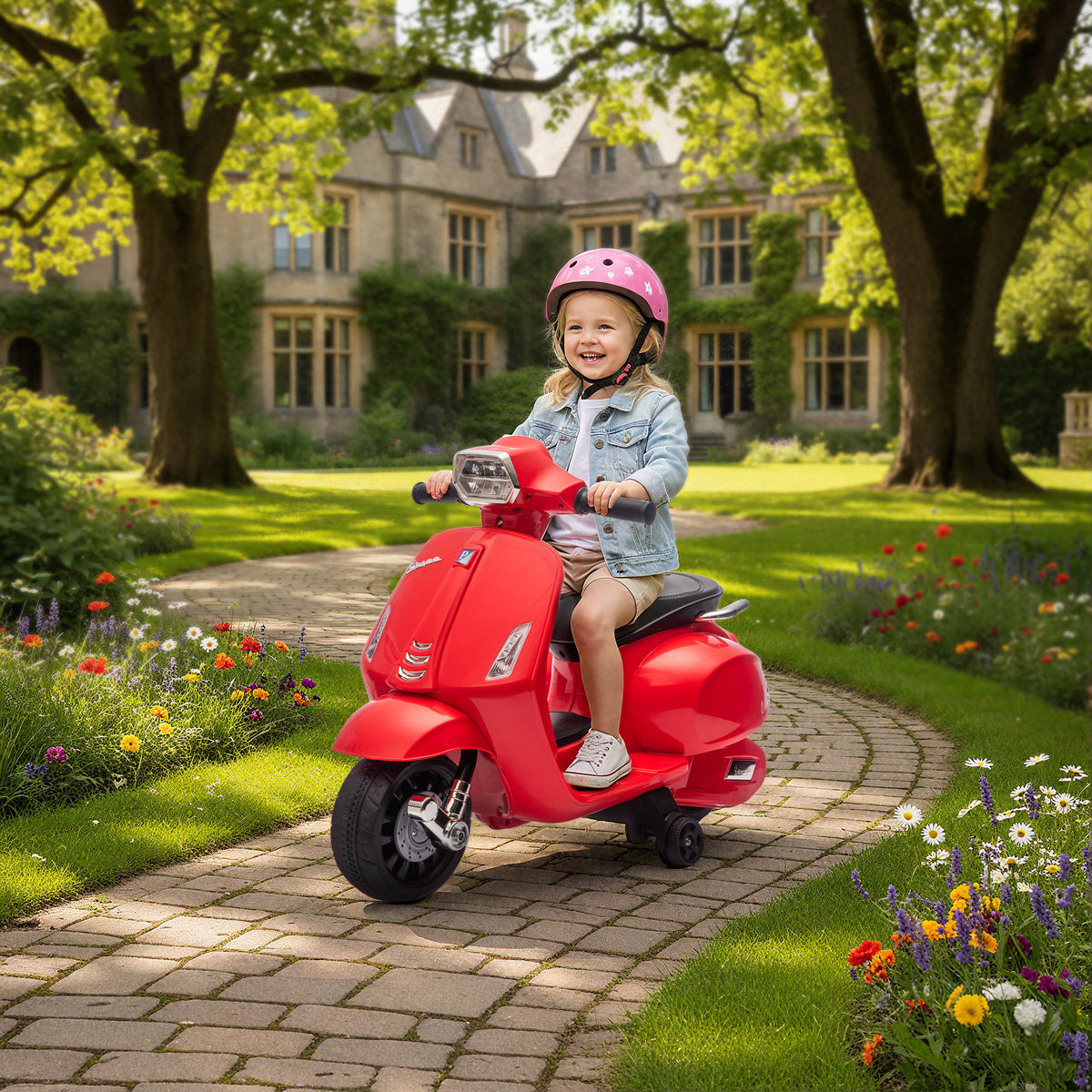 Mota Elétrica para Crianças 6V com Licença Vespa Mota Elétrica Infantil com Rodas Auxiliares Velocidade de 2,5km/h Farol e Buzina para Crianças de 2-6 Anos 71x37x52 cm Vermelho — foto 2
