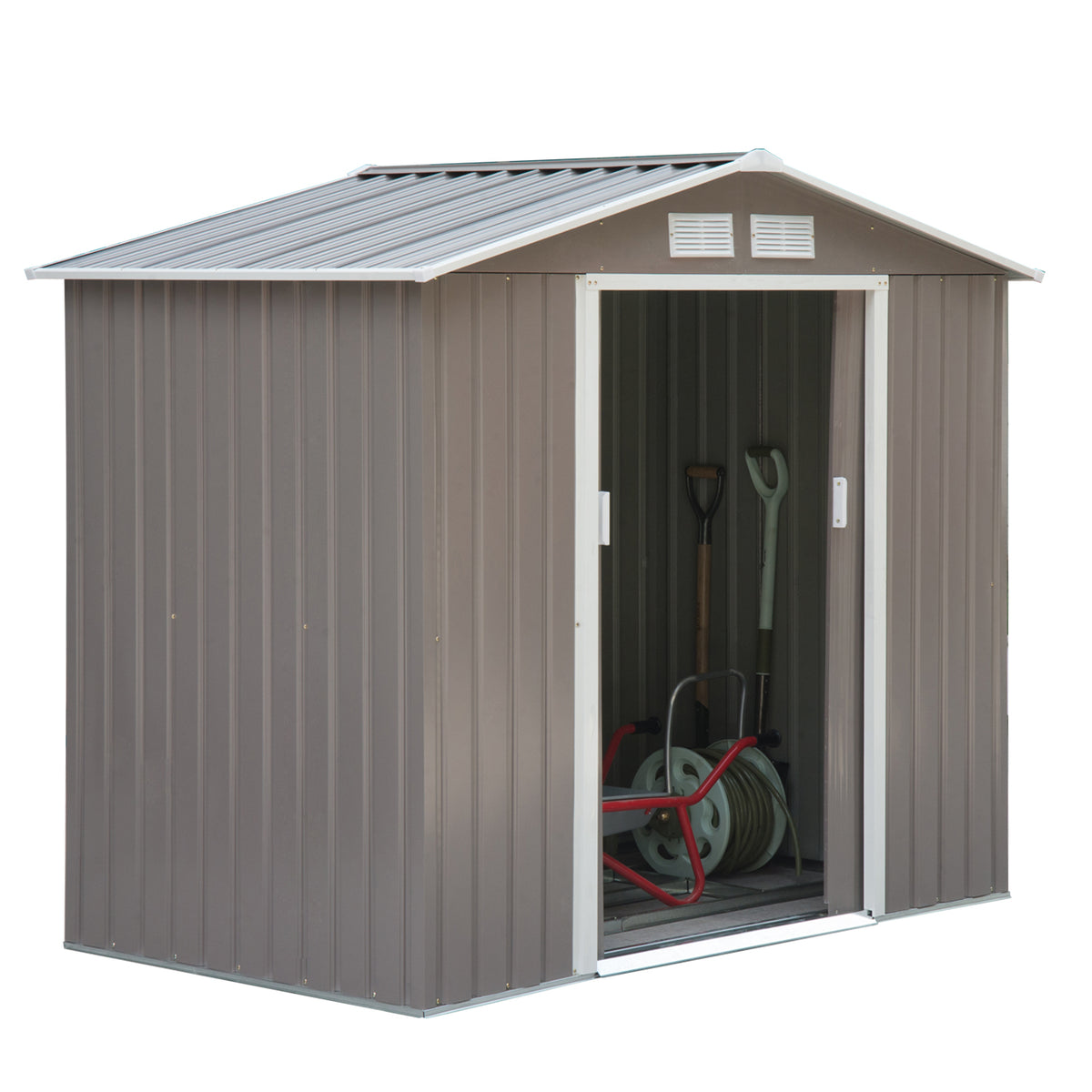 Abrigo de Jardim 213x130x185cm Abrigo de Jardim Metálico de Exterior para Armazenamento de Ferramentas com 2 Portas Deslizantes e 4 Janelas para Terraço Cinza Claro — foto 1
