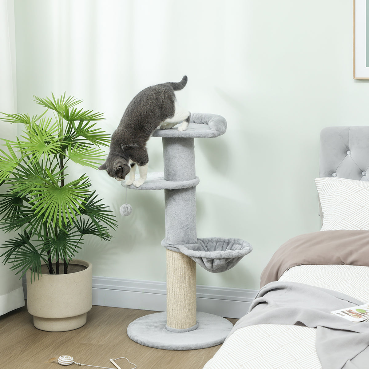 Arranhador para Gatos 103,5 cm Torre para Gatos com Cama Rede Plataforma Poste de Sisal Extra Grosso Bola Pendurada Cinza Claro — foto 2
