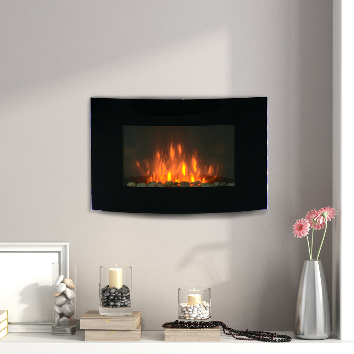Lareira Elétrica de Parede Lareira Elétrica com Potência 900/1800W Controlo Remoto Efeito de Chama Realista em 7 Cores 65x11,4x52cm Preto — foto 2