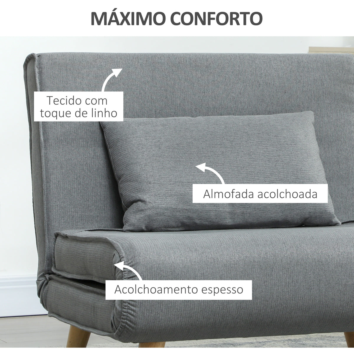 Poltrona 2 em 1 Sofá Cama Individual Dobrável com Encosto Ajustável e Almofada para Sala de Estar Dormitório Escritório Carga 125 kg 90x78x79 cm Cinza — foto 4