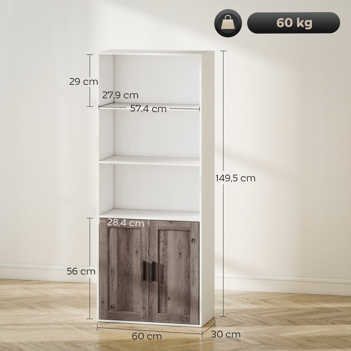 Estante para Livros Estreita Estante com Prateleiras Abertas e Armário com Prateleira Ajustável para Sala Escritório e Estúdio 60x30x149,5 cm Branco e Castanho — foto 3