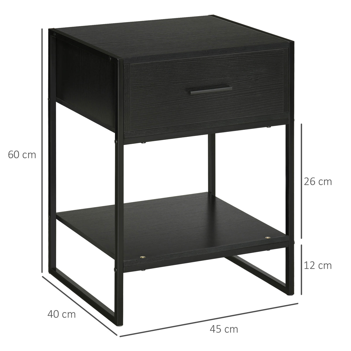 Mesa de Cabeceira Mesa Auxiliar com 1 Gaveta e Prateleira de Armazenamento para Dormitórios Sala de Estar Escritório Estilo Moderno 45x40x60cm Preto — foto 3