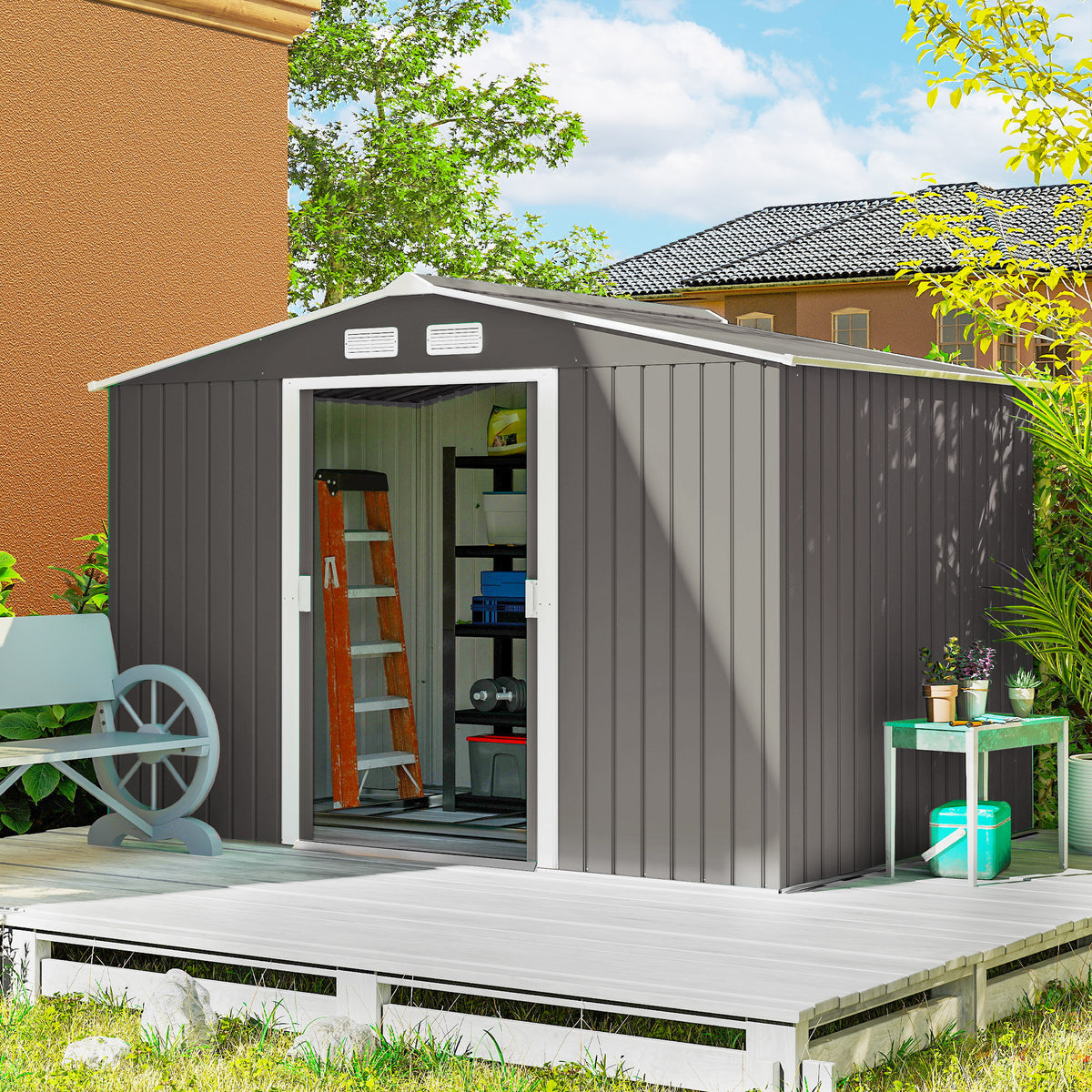 Abrigo de Jardim Exterior 4,83m² 277x195x192cm Abrigo e Jardim Metálico para Armazenamento de Ferramentas com Base de Reforço Incluída e 4 Janelas Cinza — foto 2
