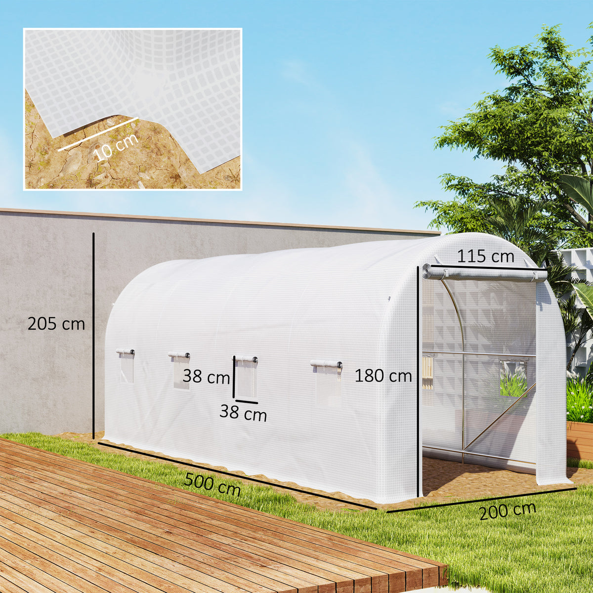 Estufa tipo Túnel 500x200x205 cm Estufa de Jardim com Porta Enrolável e 8 Janelas Cobertura de PE 140 g/m² Estrutura de Metal para Cultivo de Plantas Verduras Branco — foto 3