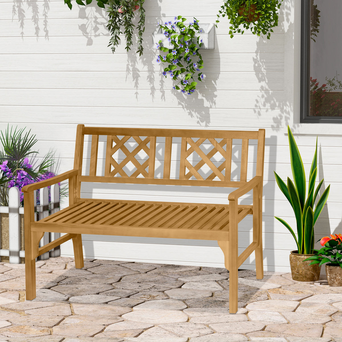 Banco de Jardim Dobrável de Madeira Banco de 2 Lugares Exterior 120,5x55,5x90,2cm com Assento de Ripas e Apoio para os Braços para Terraço Balcão Pátio Natural — foto 2