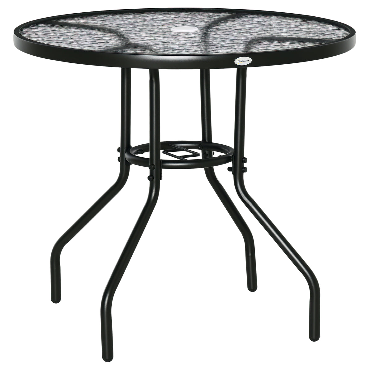 Mesa de Jardim Redonda Mesa de Exterior Ø80x72 cm com Orifício para Chapéu de Sol e Tampo de Vidro Temperado para Pátio Terraço Preto — foto 1