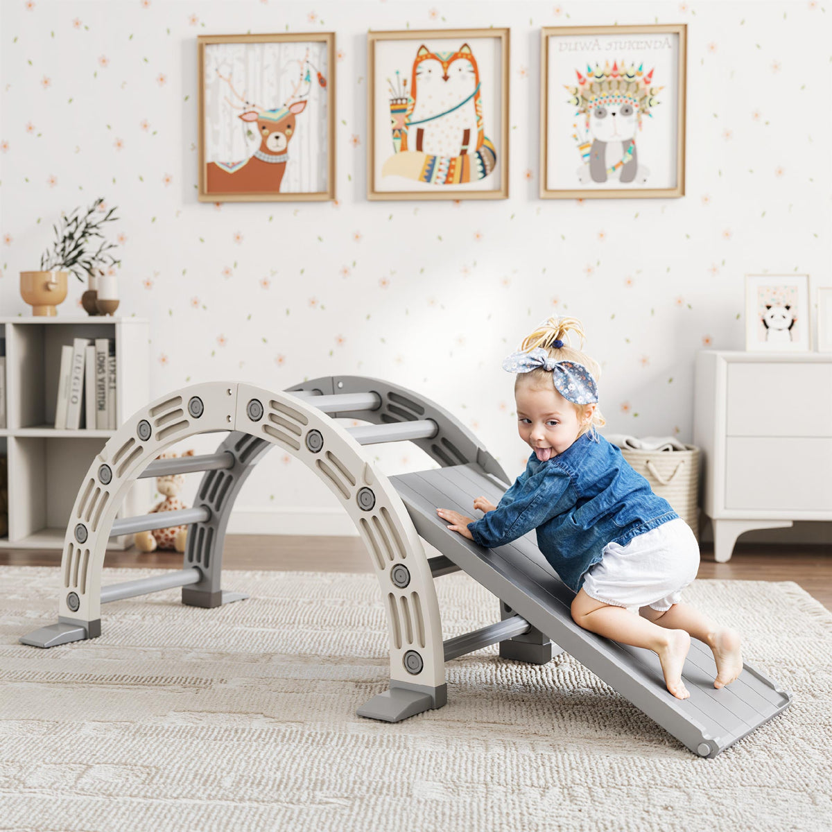 Brinquedo de Escalada para Crianças 4 em 1 com Arco de Escalada Baloiço Rampa e Escorrega Brinquedo de Plástico para Crianças de 18-48 Meses para Interior e Exterior Cinza e Branco — foto 2
