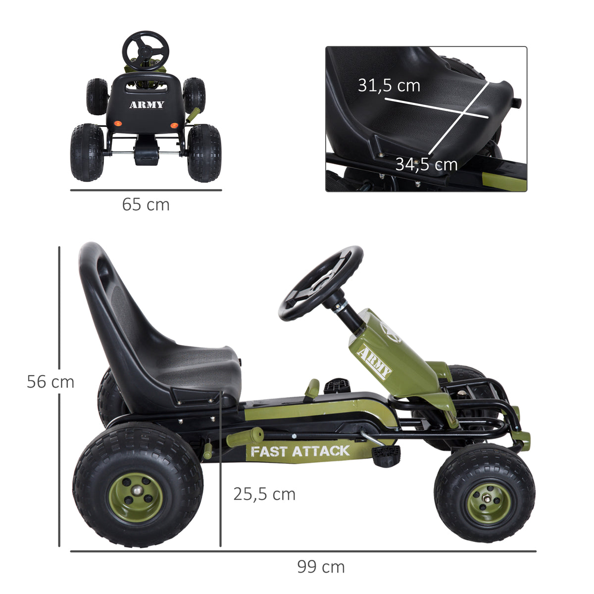 Kart a Pedais com Assento Ajustável Embreagem Travão de Mão para Crianças de 3-6 Anos Carga Máxima 35 kg 99x65x56 cm Verde e Preto — foto 3
