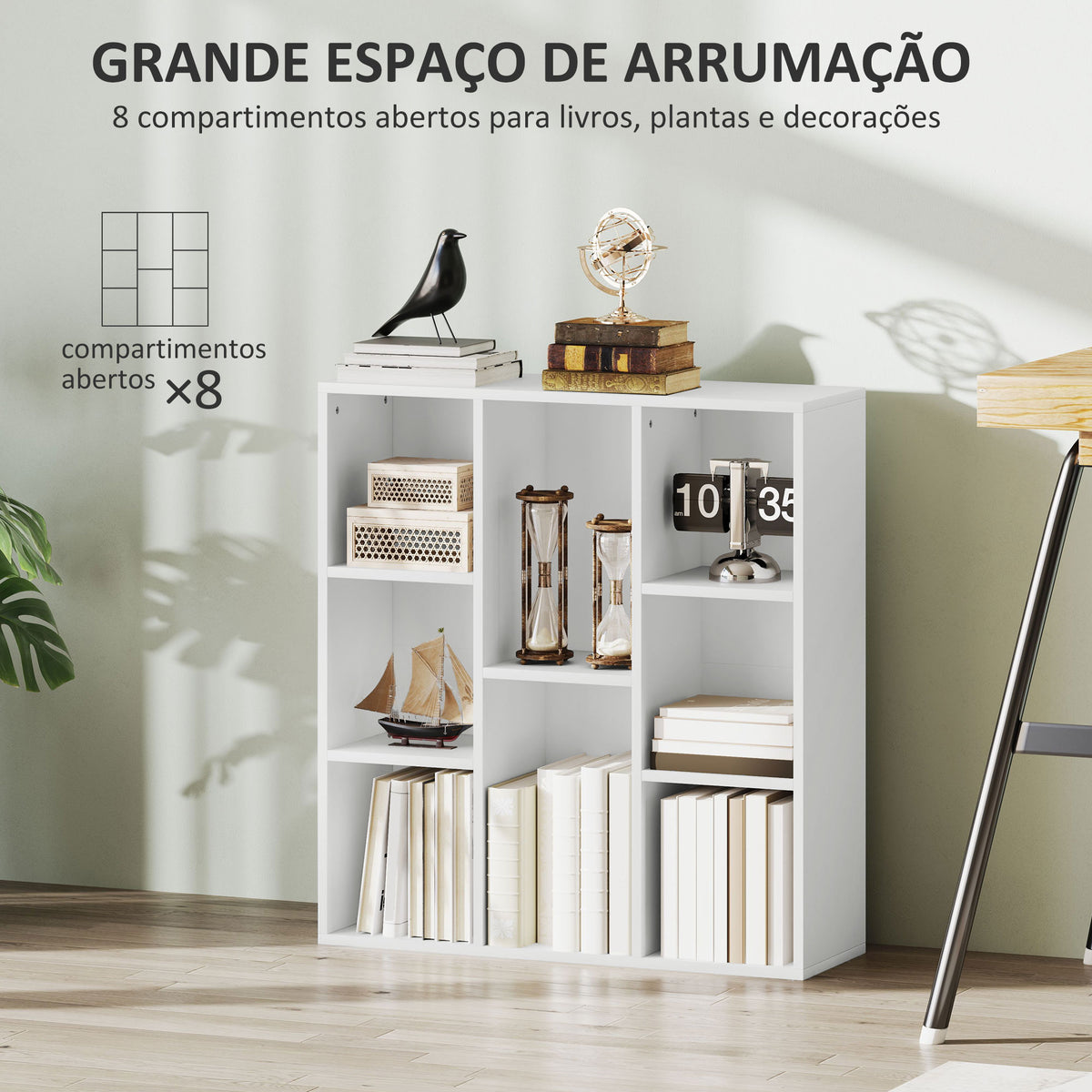 Estante de 3 Níveis Estante para Livros com 8 Compartimentos Desenho Vertical ou Horizontal para Sala de Estar Escritório Dormitório 74,3x24x80 cm Branco — foto 4