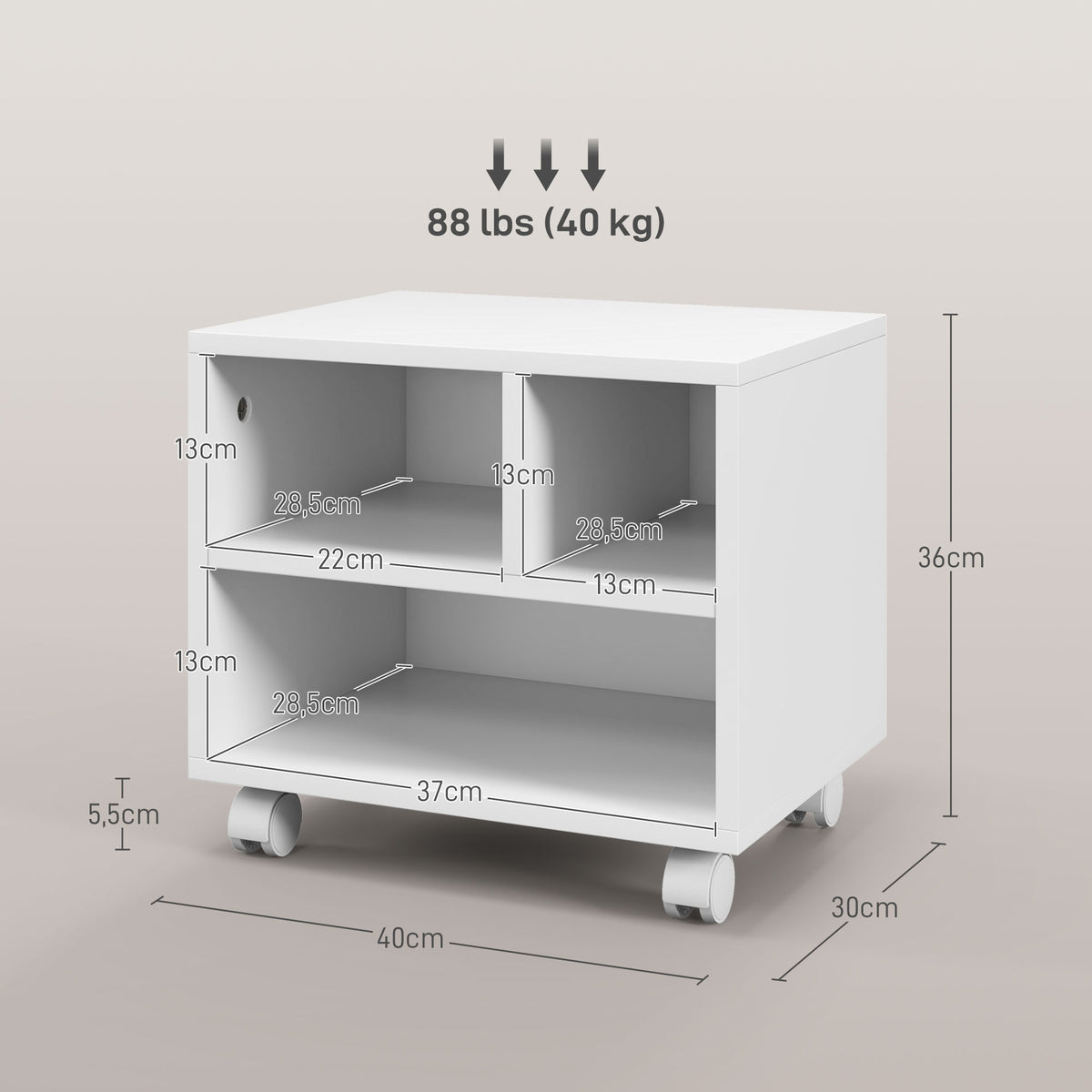 Móvel para Impressora com Rodas Suporte para Impressora com Compartimentos Abertos para Escritório Estúdio 40x30x36 cm Branco — foto 3