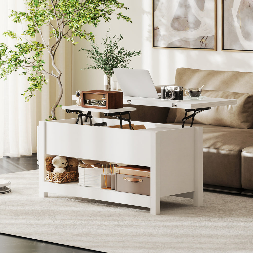 Mesa de Centro Elevatória e Extensível com Compartimentos Ocultos e Prateleira Aberta para Sala de Estar Escritório 100x90x64 cm Branco — foto 2