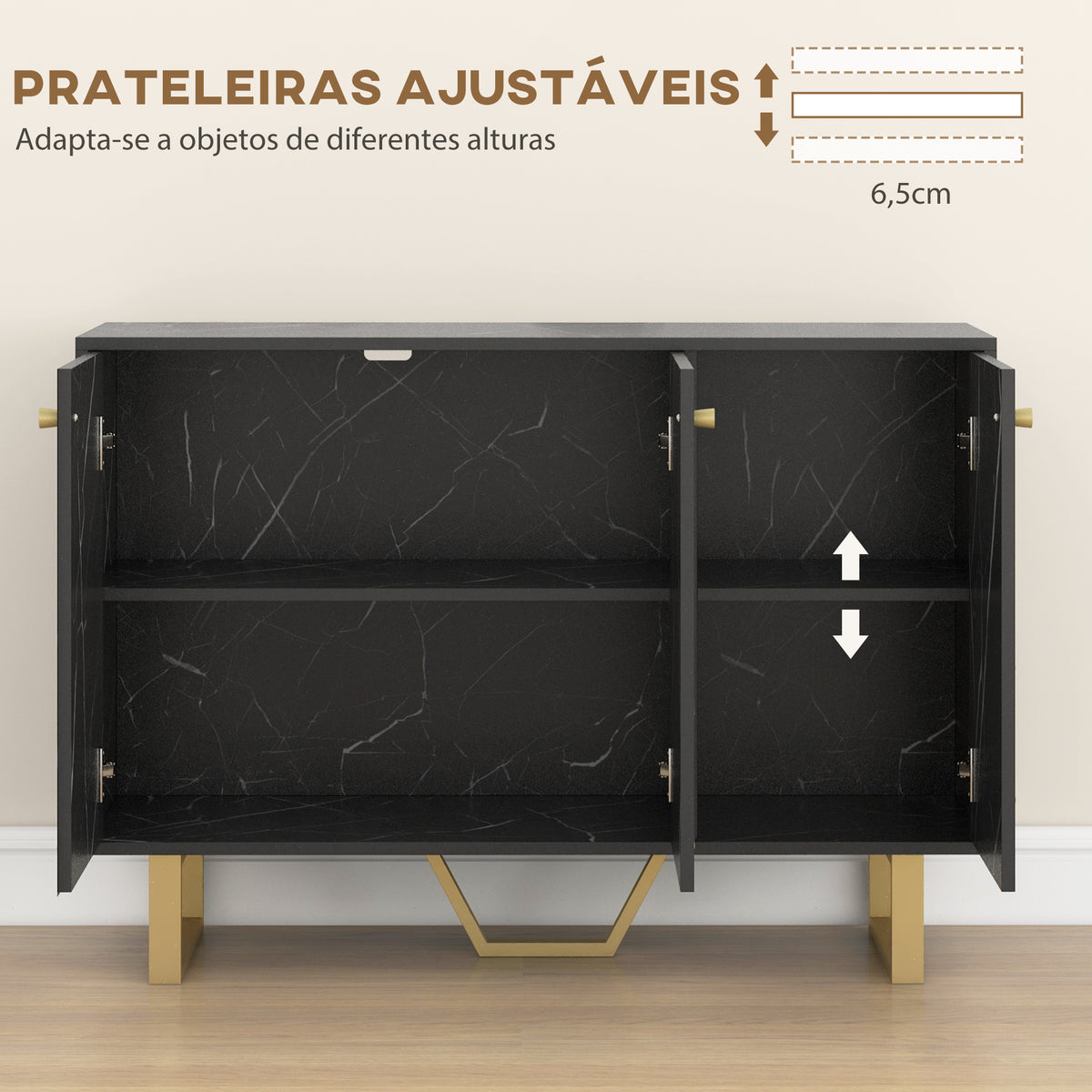 Aparador de Sala de Estar com 2 Armários e Prateleira Interior Ajustável Móvel Buffet com Efeito Mármore 107x35x75 cm Preto e Dourado — foto 5