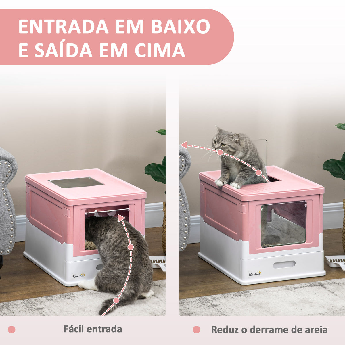 Caixa de Areia para Gatos Dobrável Caixa de Areia para Gatos Fechada com Cobertura Desmontável Bandeja Removível Teto Rebatível Porta de Entrada e Pá 47,5x35,5x36,7cm Rosa — foto 5