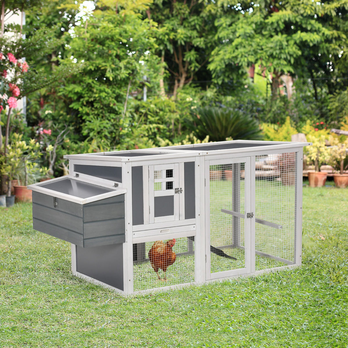 Galinheiro de Madeira para Exterior Gaiola para 2-3 Galinhas com Caixa Ninho Cercado de Metal Teto de Policarbonato Bandeja Removível e Rampa 162x76,5x79,5cm Cinza — foto 2