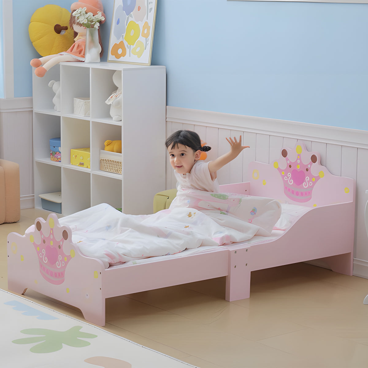 Cama de Criança +3 anos 143x73x60 cm Cama de Criança em Madeira com Estampado de Coroa Carga 50 kg para Quarto Rosa — foto 2