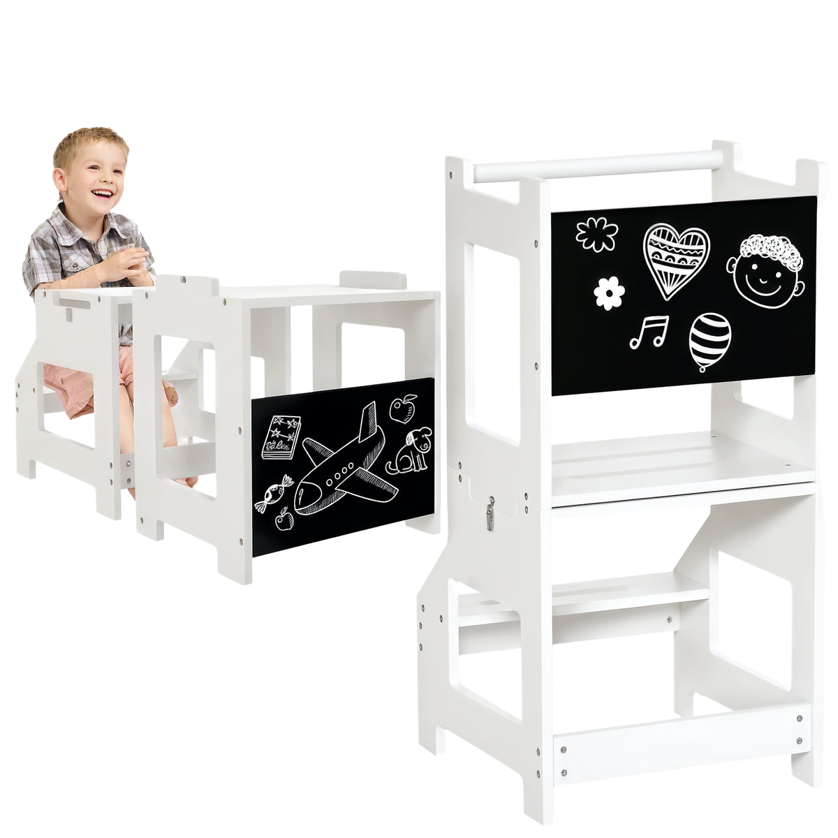 Torre de Aprendizagem para Crianças 3-6 Anos de Madeira Torre de Aprendizagem Infantil Convertível em Secretária com Ardósia e Barra de Segurança para Casa de Banho Cozinha 42x44x86cm Branco — foto 1