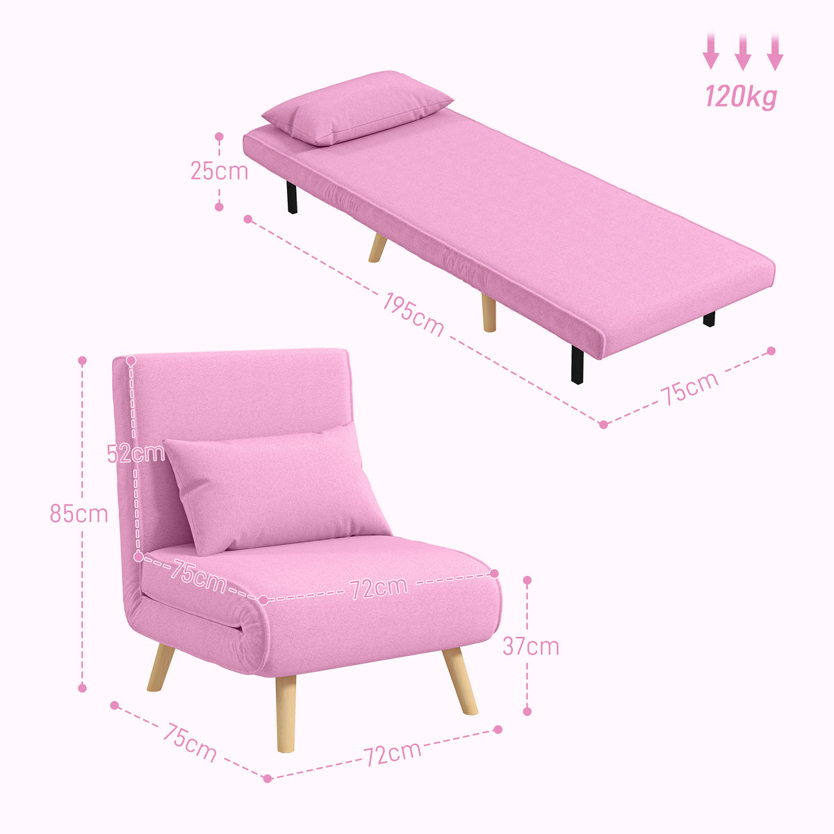 Sofá Cama Individual Sofá Cama Estofado em Linho com Encosto Ajustável em 5 Posições e Almofada Sofá Cama Pequeno para Sala de Estar 72x75x85 cm Rosa — foto 3
