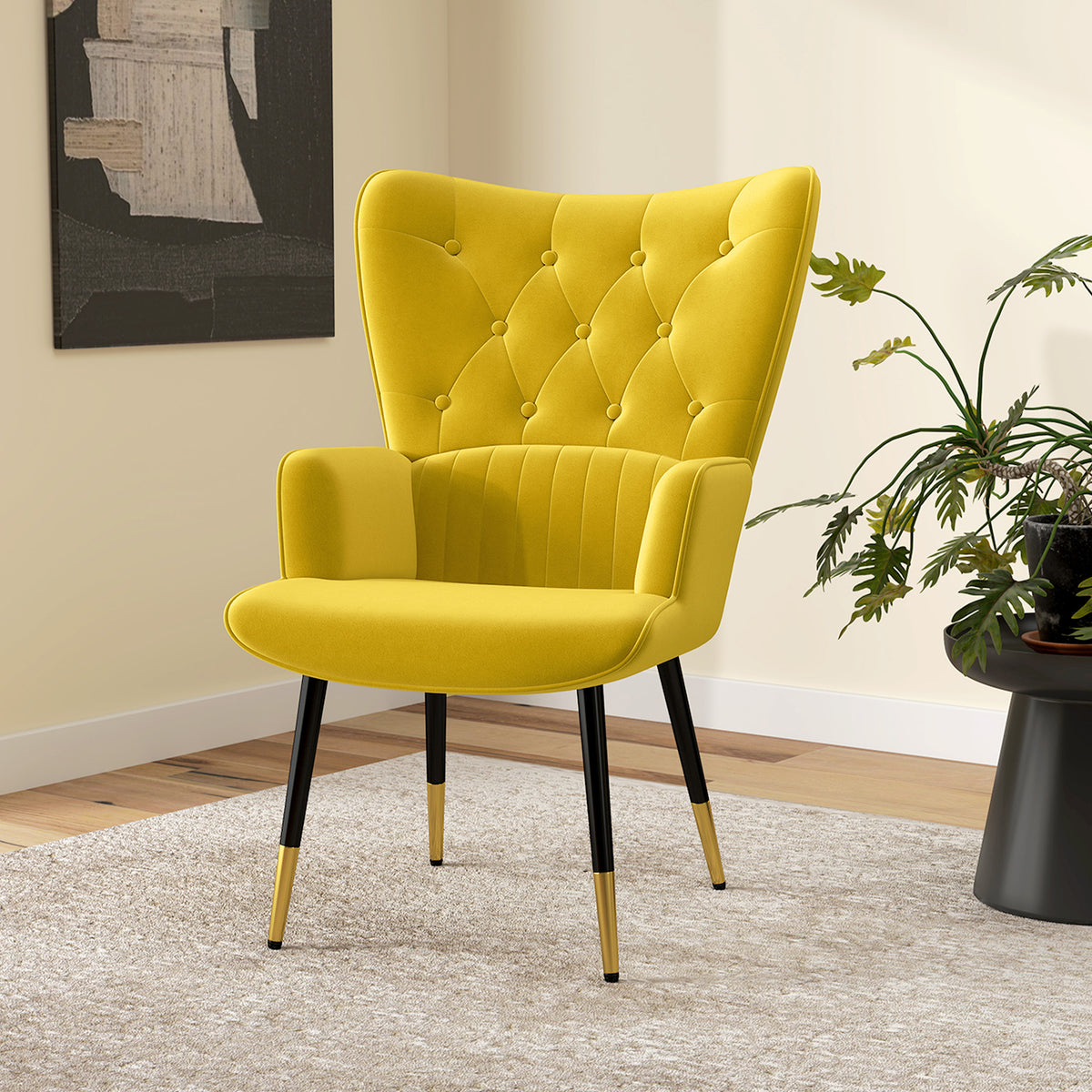 Poltrona Individual Poltrona Sala de Estar Estofada em Veludo com Encosto Alto Apoio para os Braços e Pés de Aço Estilo Moderno 68x72x103 cm Amarelo — foto 2