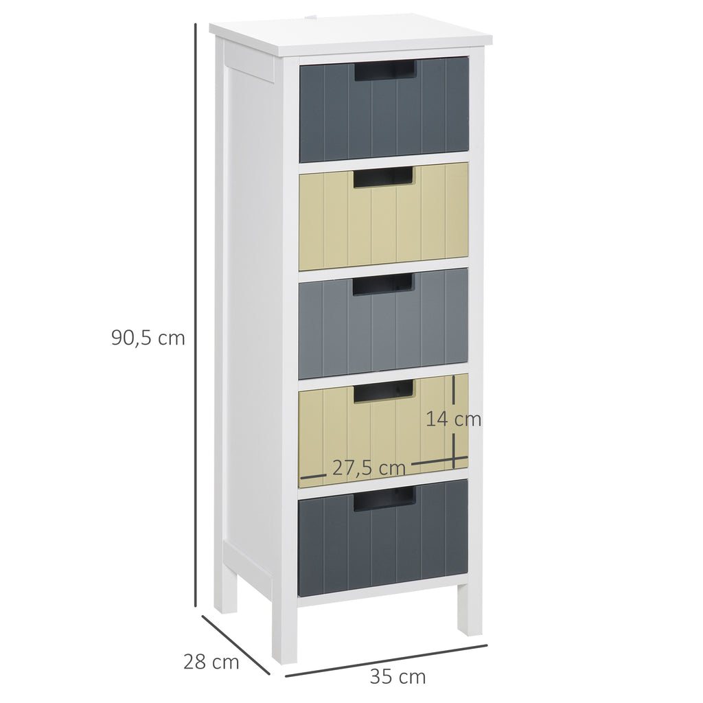 Cómoda de Madeira com 5 Gavetas Cómoda Auxiliar de Armazenamento com Pés Elevados Estilo Moderno para Dormitório Sala de Estar Casa de Banho 35x28x90,5cm Multicor — foto 3