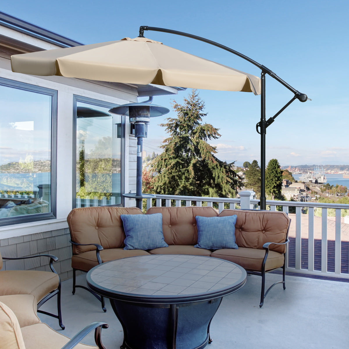 Chapéu de Sol de Jardim Ø265 cm Chapéu de Sol Excêntrico com Teto Inclinável Manivela 8 Hastes de Metal e Base Cruzada Proteção Solar para Terraço Varanda Exterior Bege — foto 2