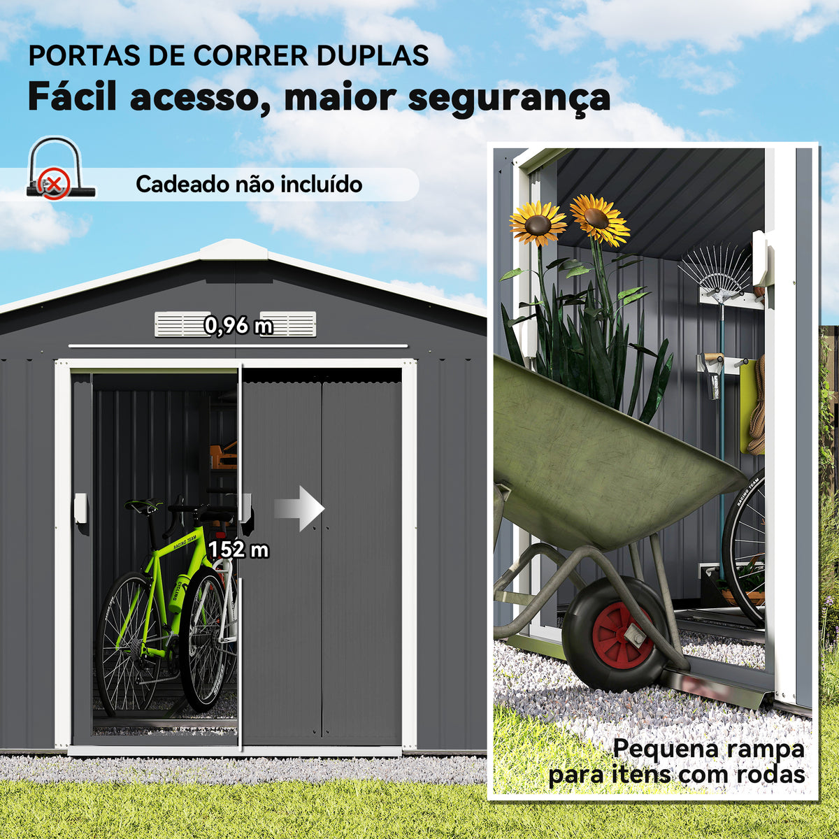 Abrigo de Jardim Metálico 340x386x200cm Abrigo de Exterior para Armazenamento de Ferramentas com Base Incluida 4 Janelas de Ventilação e Porta Corredeira Cinza — foto 5