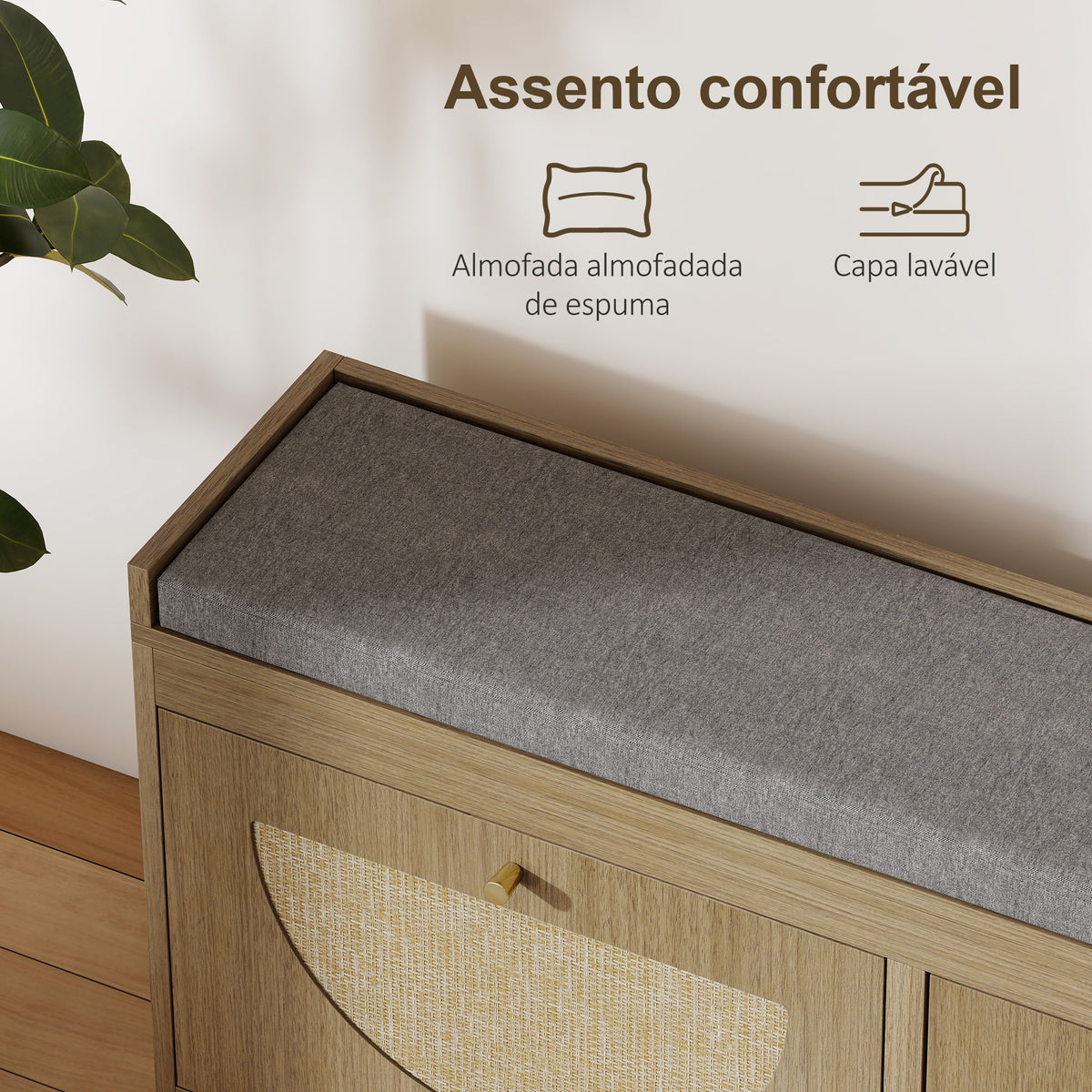 Banco Sapateira Banco de Entrada Boémio com Assento Acolchoado Portas Frentes de Vime Prateleira Ajustável para 8 Pares de Sapatos 105x35x47 cm Madeira — foto 5