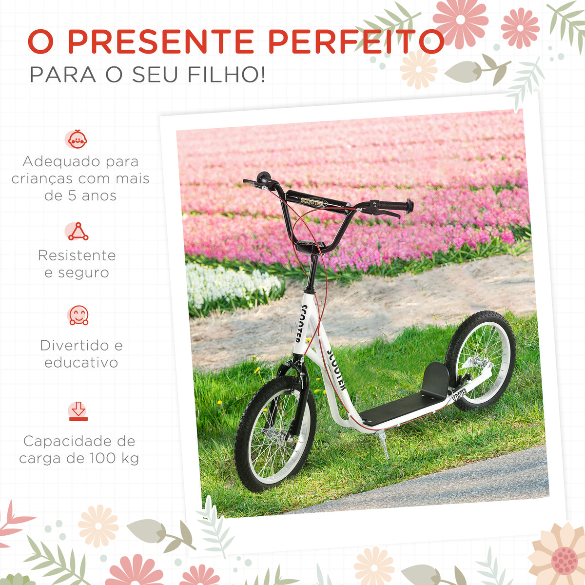 Trotinete para Crianças acima de 5 Anos e Adolescentes com Guiador Ajustável em Altura 2 Pneus de Borracha Insufláveis com Travagem Dupla e Rodas 16" Carga 100 kg 139x58x90-96 cm Branco — foto 5