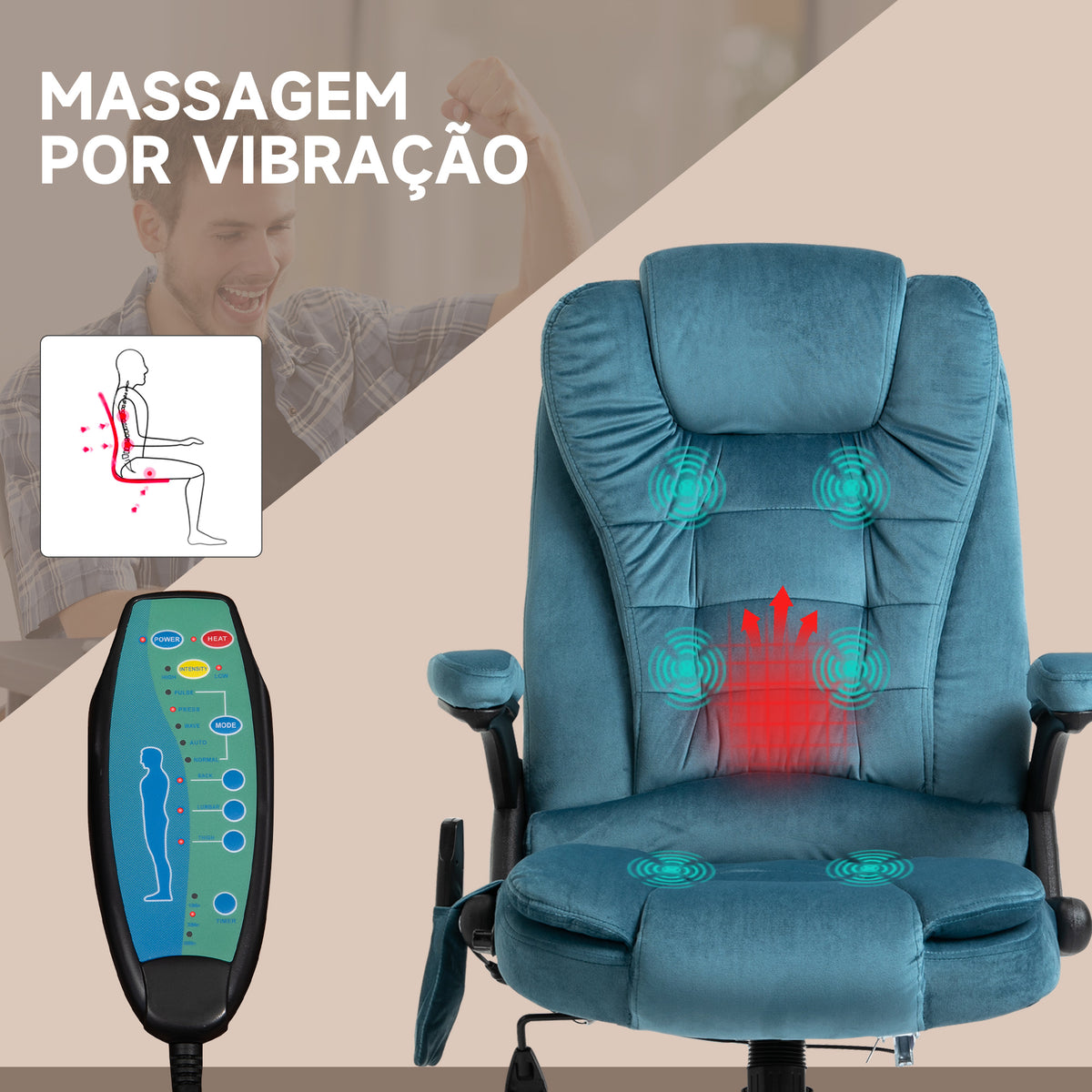 Cadeira de Massagem com 6 Pontos de Massagem Cadeira de Escritório Reclinável até 130° com Função de Aquecimento Altura Ajustável e Rodas para Estúdio 68x72x110-120 cm Azul — foto 4