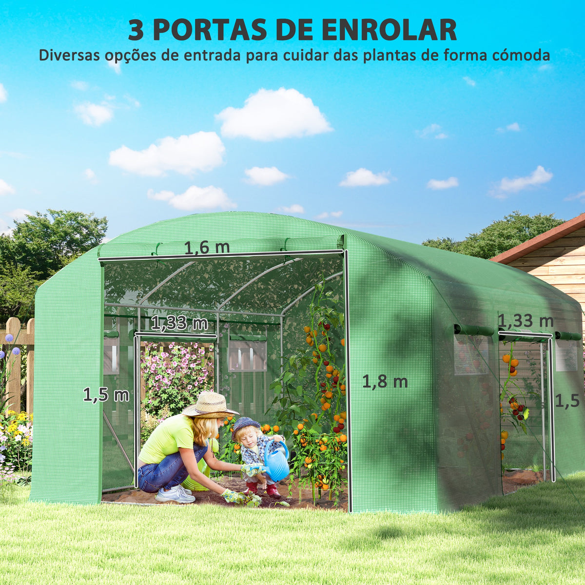 Estufa tipo Túnel 397x300x200 cm Estufa de Exterior com 4 Janelas de Malha Cobertura de PE Anti UV e 3 Portas Enroláveis com Fecho de Correr Estufa para Jardim Pátio Verde — foto 4