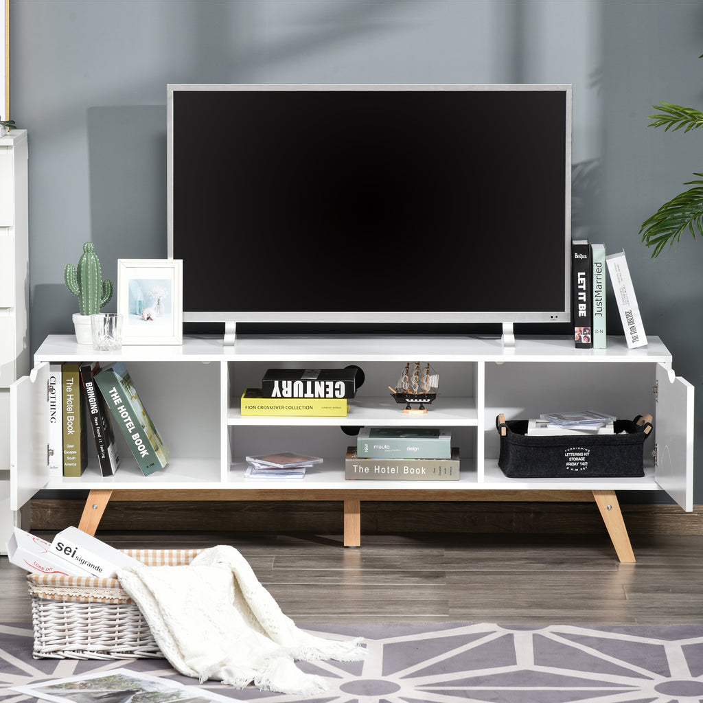 Móvel de TV para Televisores de até 65 Polegadas Móvel de TV com 2 Armários Prateleiras Abertas Puxador Oco Pés de Madeira de Borracha e Orifício Passa Cabos 150x39x50 cm Branco e Madeira — foto 2