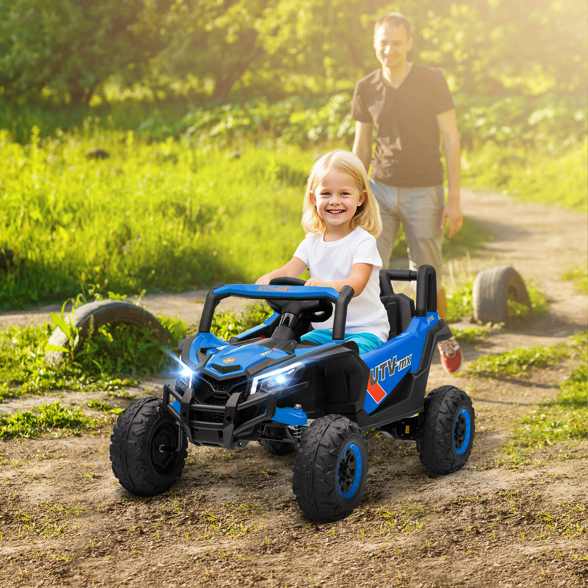 Carro Elétrico para Crianças 12V UTV com 2 Motores Controlo Remoto 2,4G Velocidade até 7 km/h Sistema de Suspensão Faróis USB para Crianças acima de 3 Anos 96x61x56 cm Azul — foto 2