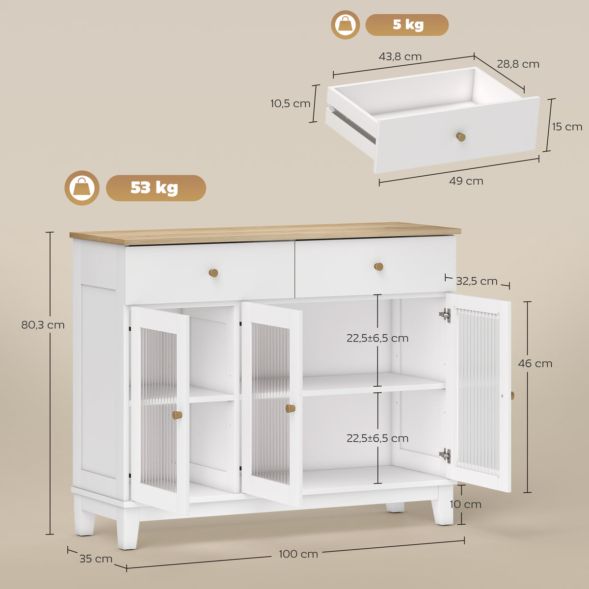 Aparador 3 Portas de Vidro Aparador para Sala Moderno com 2 Gavetas e Prateleiras Ajustáveis para Sala de Jantar ou Entrada 100x35x80,3 cm Branco — foto 3