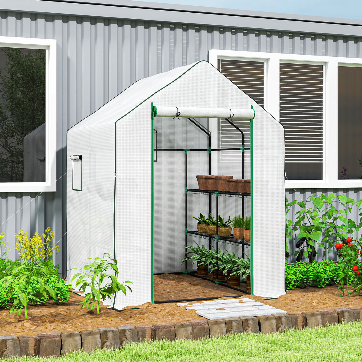 Estufa de Jardim Pequena de 3 Níveis com 6 Prateleiras Porta Enrolável Capa de PE e Estrutura de Aço para Cultivo de Plantas e Flores 140x143x190 cm Branco — foto 2