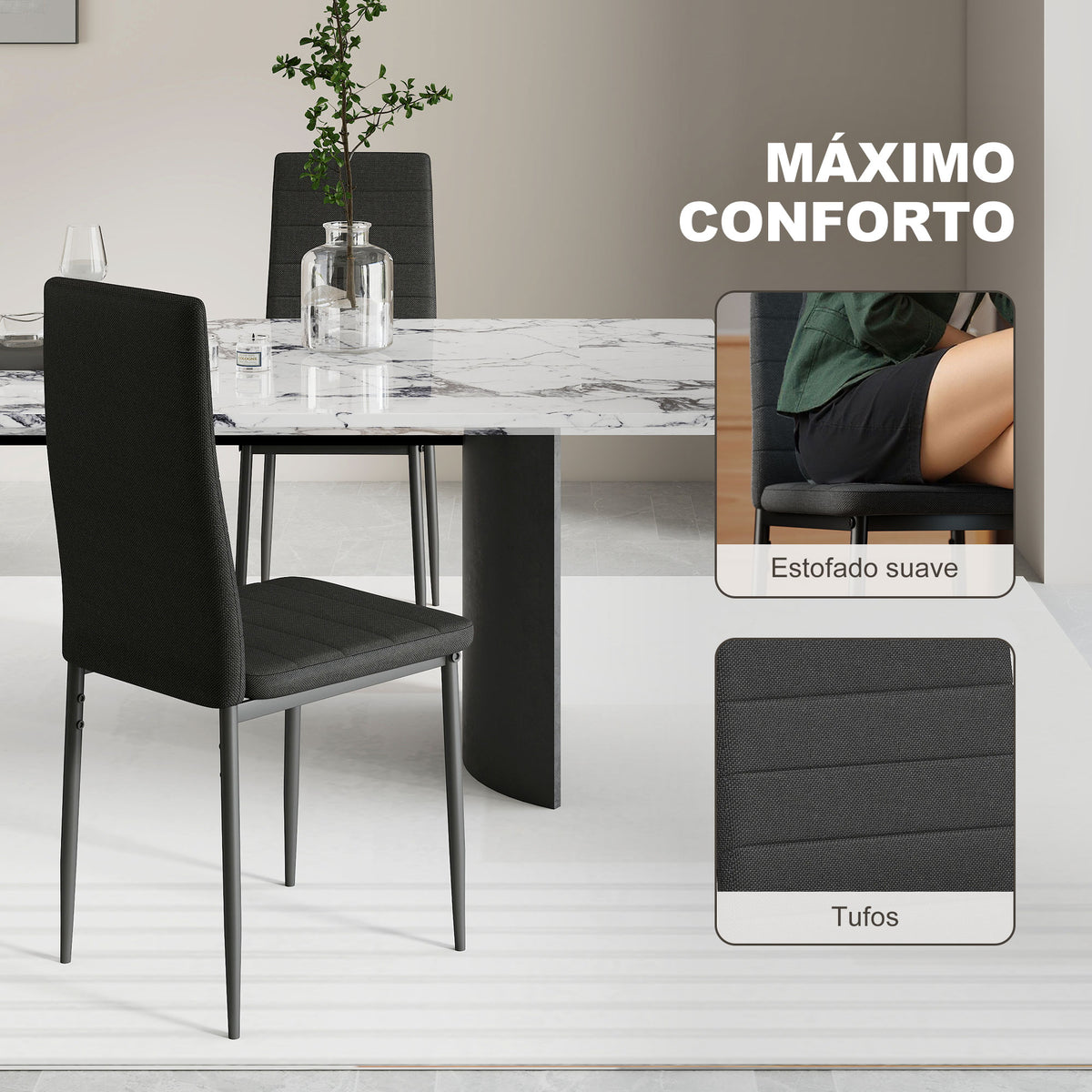 Conjunto de 6 Cadeiras de Sala de Jantar Estofadas em Linho com Pernas em Metal Cadeiras Modernas para Cozinha Quarto Suporta até 120 kg 41x50x97 cm Preto — foto 5