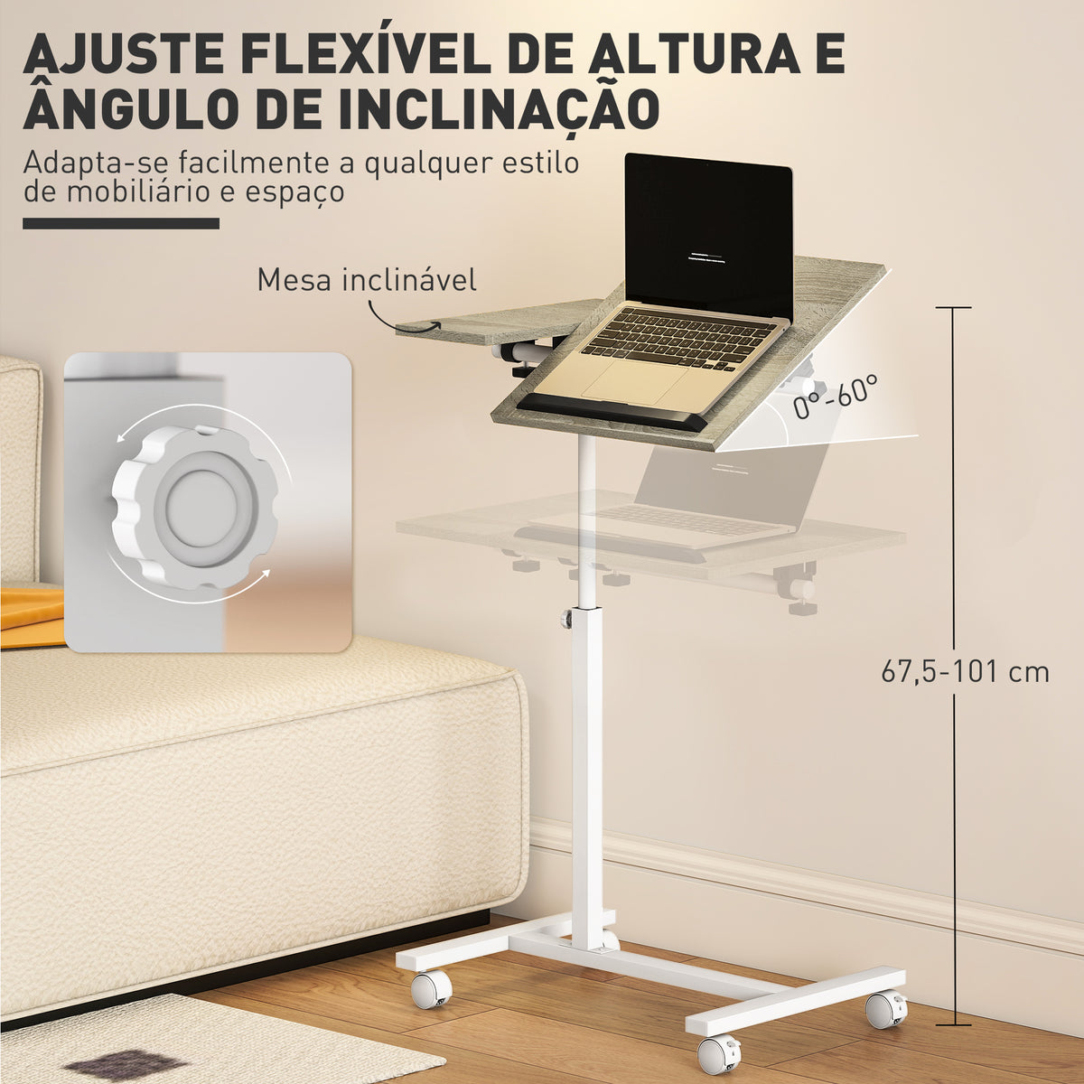 Mesa Auxiliar com Rodas Mesa para Sofá com Altura Ajustável Superfície Inclinável e Estrutura de Metal para Quarto Sala de Estar Escritório 57x40x67,5-101 cm Carvalho e Branco — foto 4