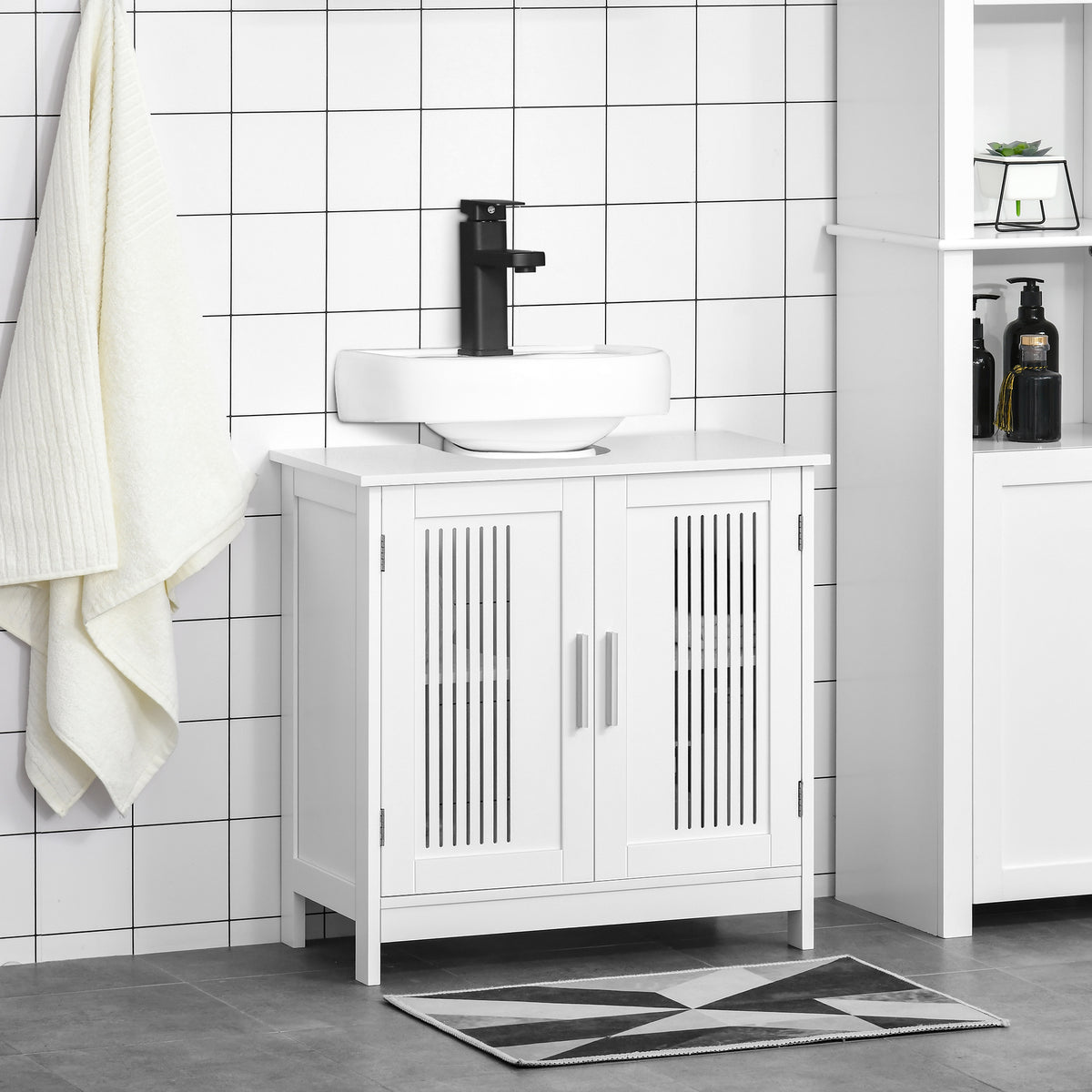 Móvel para Lavatório Armário Casa de Banho de Chão de Madeira com 2 Portas Ventiladas e Prateleira Interior Ajustável Moderno 60x30x60 cm Branco — foto 2