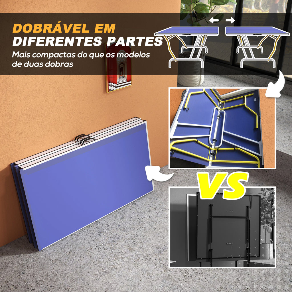 Mesa de Ping-Pong Dobrável Mesa de Ping-Pong Compacta com Rede Apoio para os Pés Ajustáveis e Estrutura de Aço para Interior e Exterior 274x152,5x76 cm Azul — foto 4