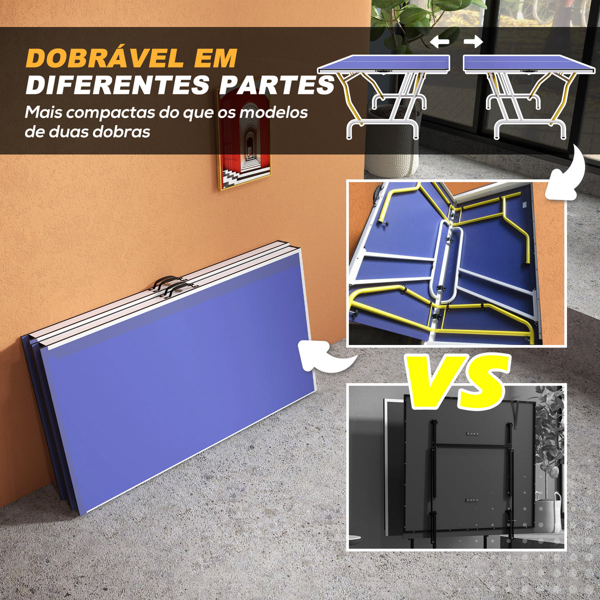Mesa de Ping-Pong Dobrável Mesa de Ping-Pong Compacta com Rede Apoio para os Pés Ajustáveis e Estrutura de Aço para Interior e Exterior 274x152,5x76 cm Azul — foto 4