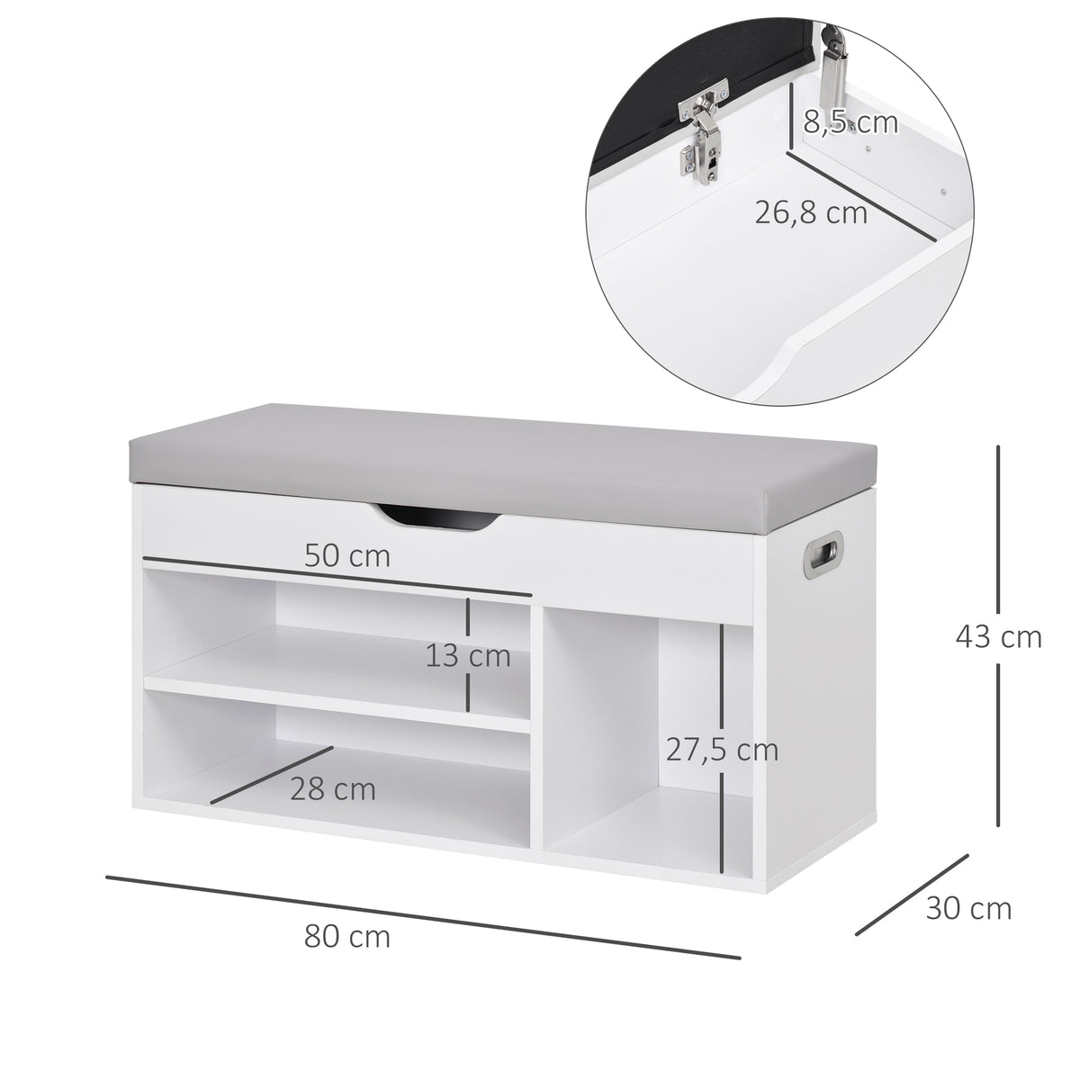 Sapateira com Assento Acolchoado para Entradas e Salões com 1 Gaveta e Prateleira de MDF 80x30x43cm Carga Máxima 120 kg Branco — foto 3