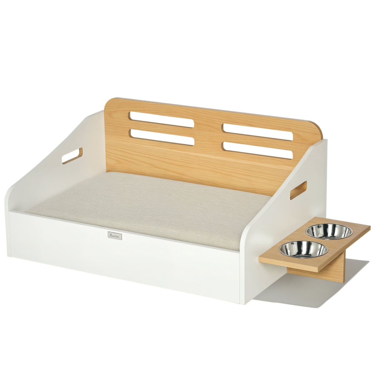 Cama de Madeira para Cães Gatos Sofá para Animais de Estimação Médios e Pequenos com Comedouro 2 Tigelas Almofada Acolchoada 100x56x39cm Natural e Branco — foto 1