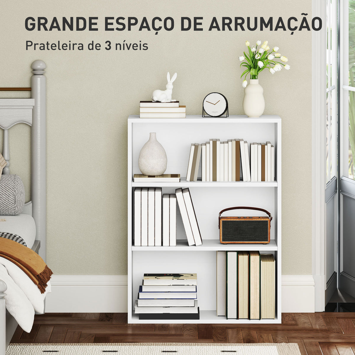 Estante de 3 Níveis Estante para Livros com 2 Prateleiras Ajustáveis para Sala de Estar Escritório Quarto 60x24x80 cm Branco — foto 4