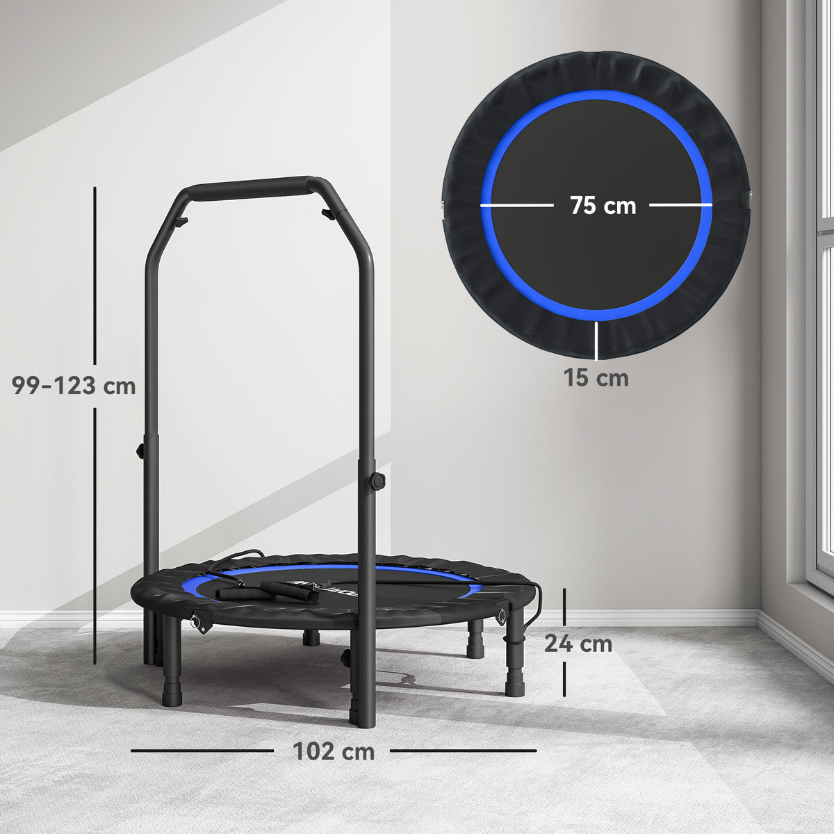 Trampolim de Fitness Ø102 cm Trampolim Dobrável com Guiador Ajustável de 4 Níveis e Bandas para Treino de Pernas e Corpo em Casa Escritório Ginásio e Exterior Carga 150 kg Azul — foto 3