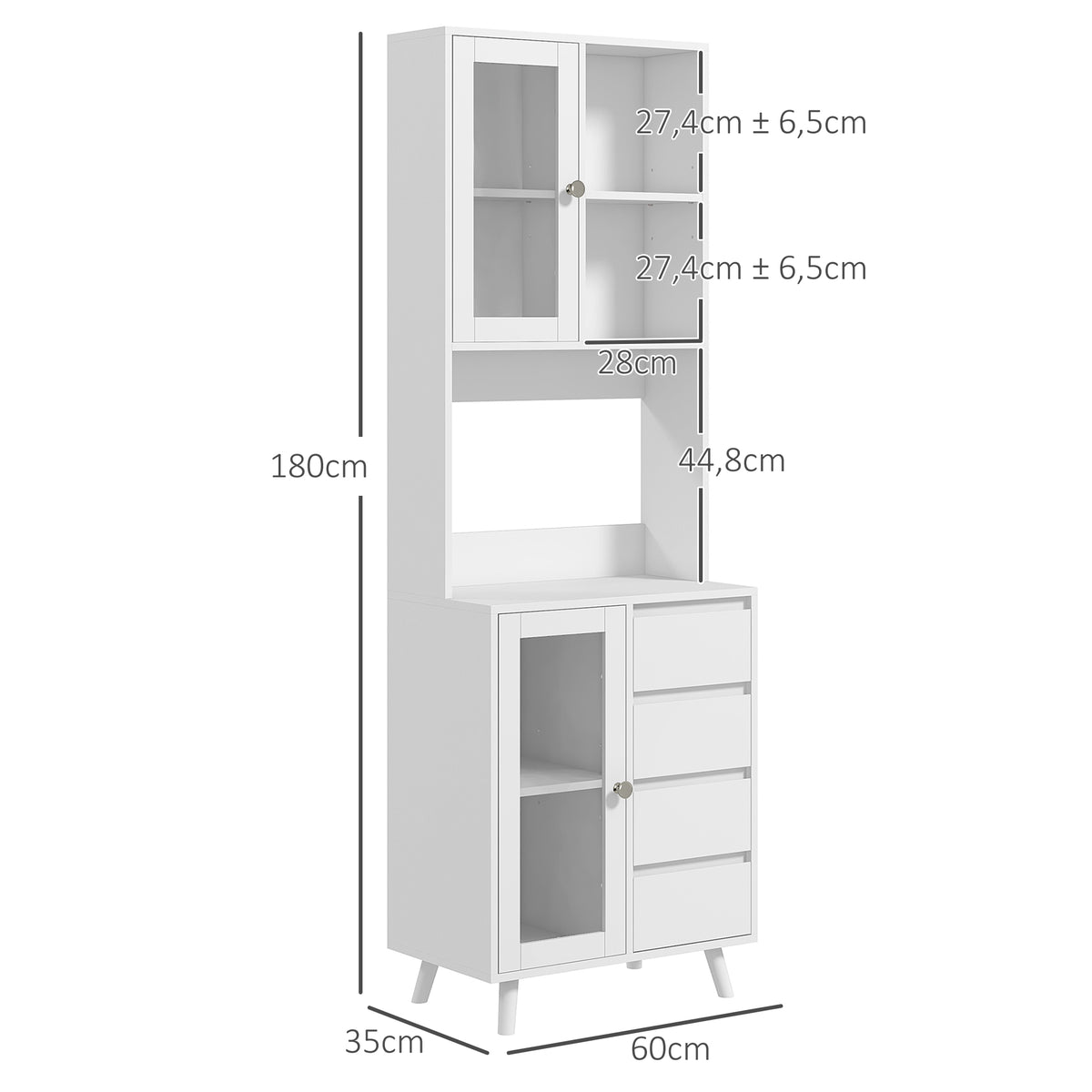 Armário de Cozinha com 2 Armários com Portas de Vidro Temperado 2 Compartimentos Abertos 4 Gavetas e Prateleiras Ajustáveis 60x35x180 cm Branco — foto 3