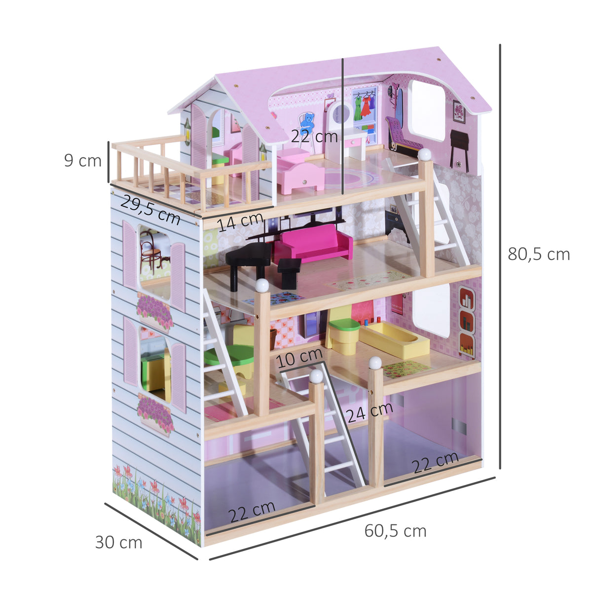 Casa de Bonecas com Móveis e 4 Andares Casa de Bonecas com 13 Acessórios Brinquedo de Imitação 60,5x30x80,5cm Rosa — foto 3
