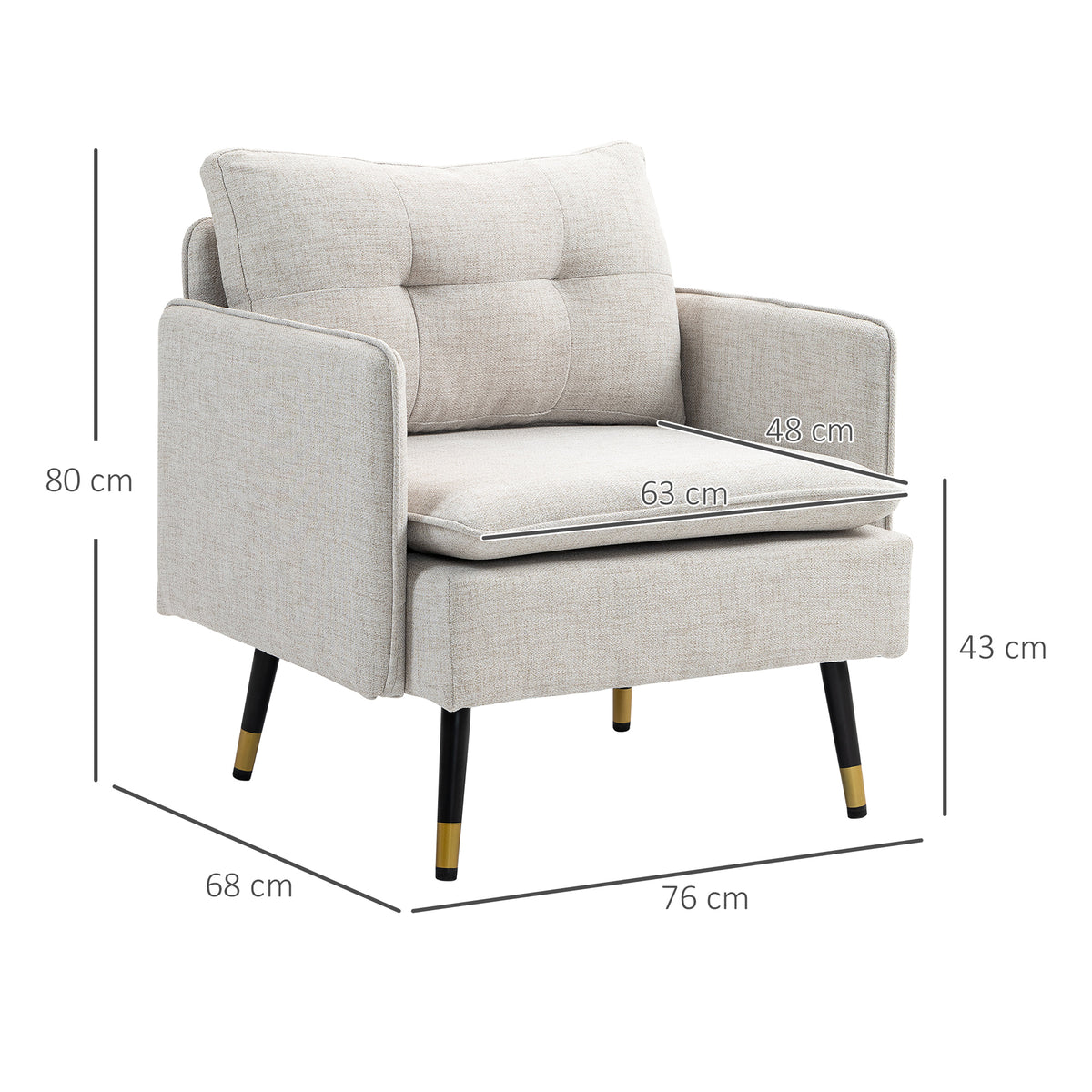 Poltrona Sala de Estar Poltrona Relax com Apoio para os Braços Assento Acolchoado e Pés de Aço Sofá Individual Moderno para Dormitório 76x68x80 cm Creme — foto 3